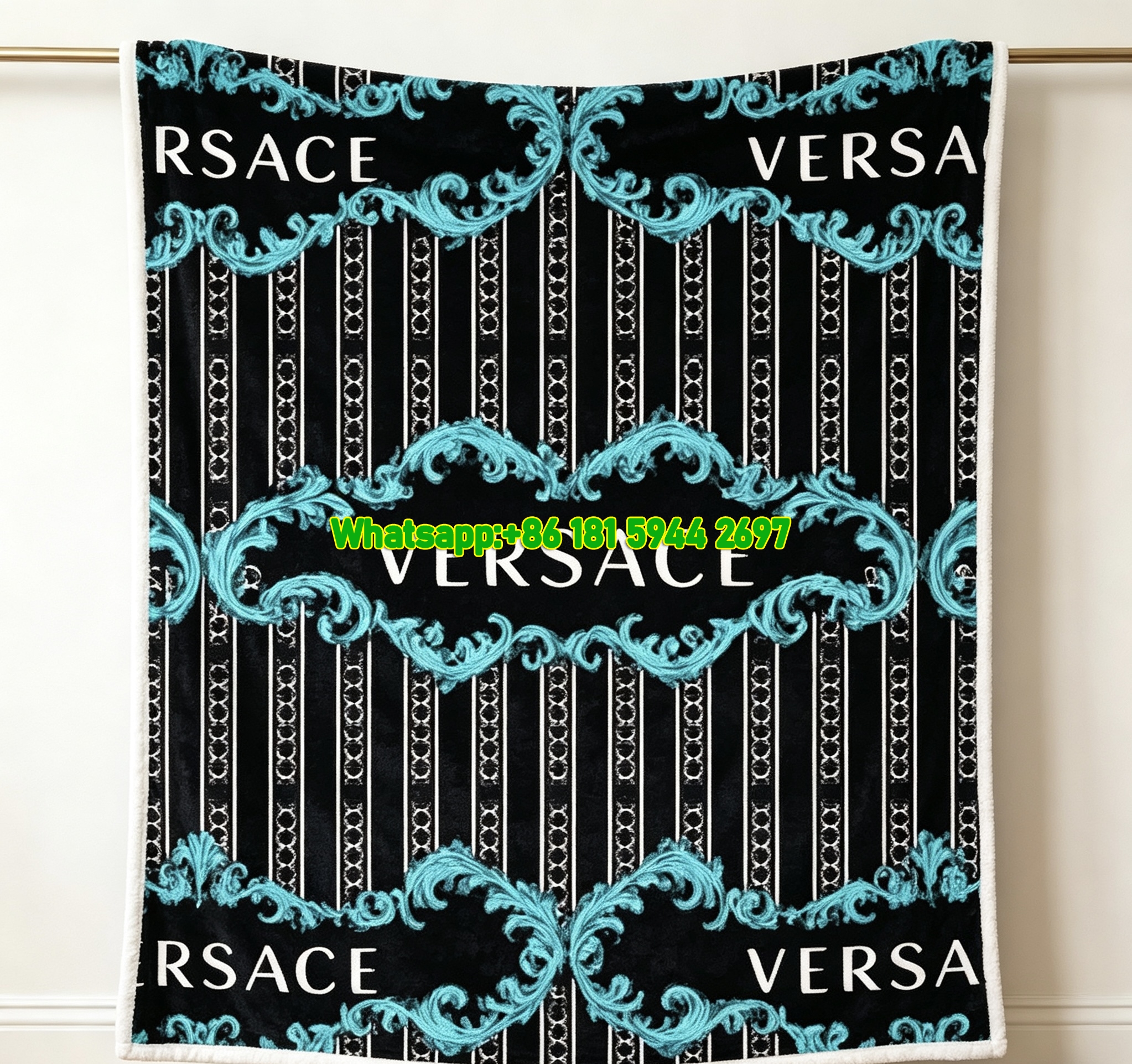 Versace Black Turquoise Baroque Pattern Flannel Sofa Throw Blanket IMG_1349